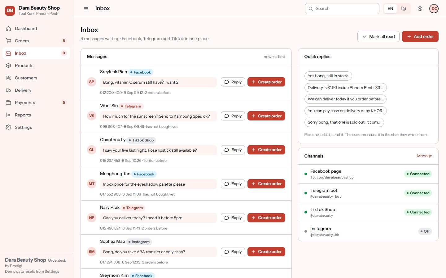 Orderdesk inbox: chats from Facebook, Telegram and TikTok with a create-order button on each