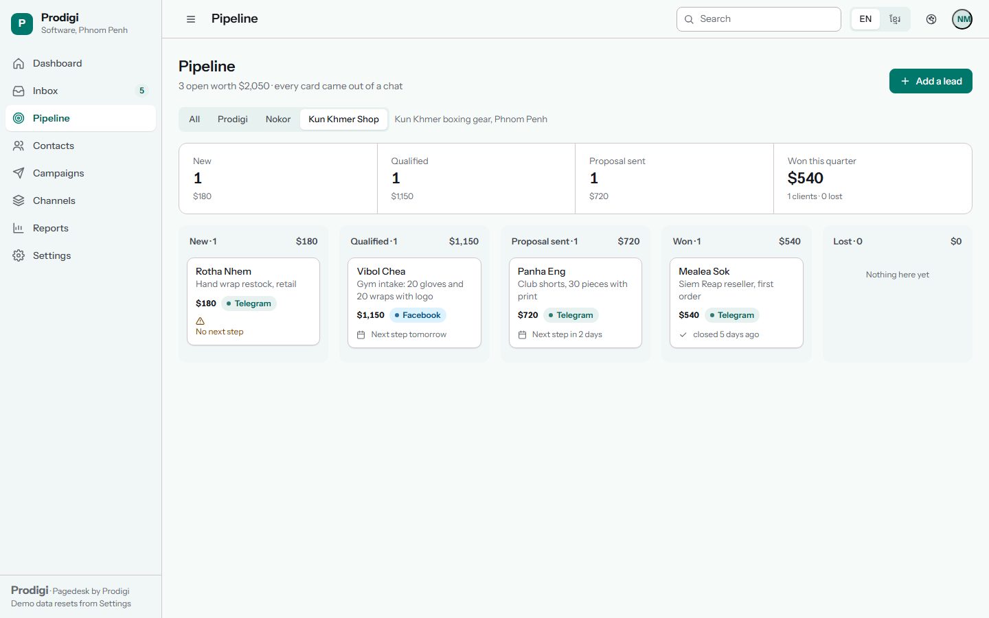 Pagedesk pipeline: leads in new, qualified, proposal sent, won and lost columns, each card from a chat