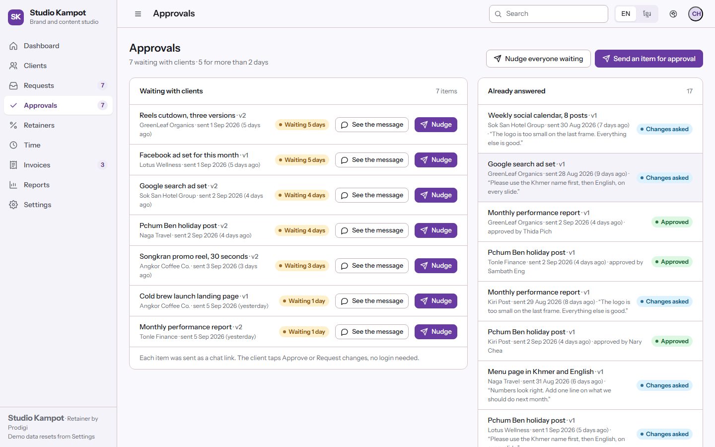 Retainer approvals screen: work sent to clients with approved, waiting and changes-requested status
